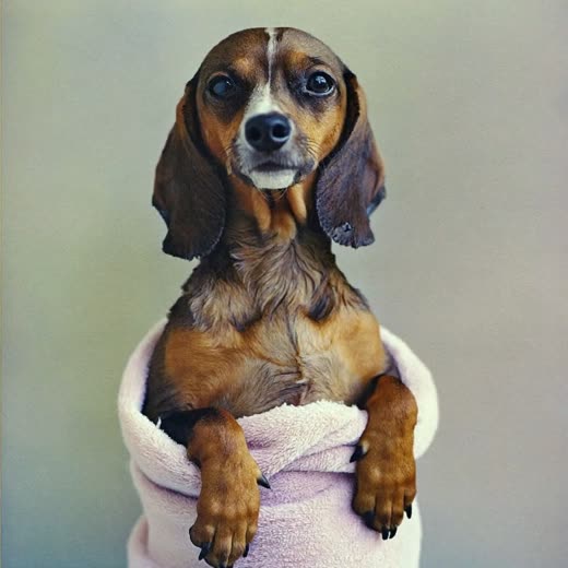 A freshly bathed dog wrapped in a towel